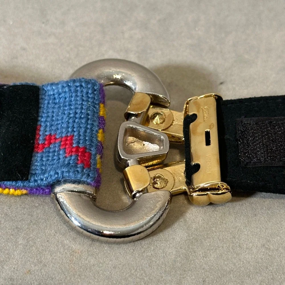 Vintage Needlepoint‎ Belt Mixed Metal Buckle Multi Color Geometric Suede Backed